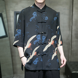 2023风男装仙鹤印花唐装汉服五分短袖衬衫衬衣C229/Y976/P70，男装衬衫，电商C229