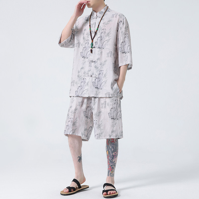 2024春夏风男装中式冰丝唐装汉服套装两件套C229-TZ361-P100，男装休闲套装，电商C229