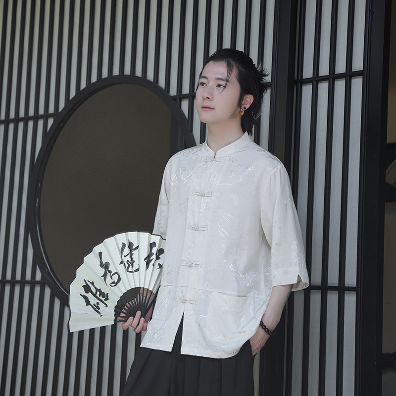 2024夏季风男装冰丝唐装汉服提花短袖衬衫衬衣C229-Y1036-P70,男装衬衫,电商C229