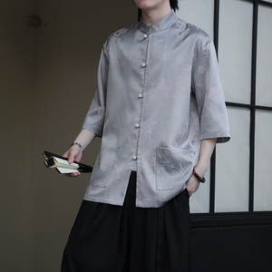 2024夏季风男装冰丝唐装汉服短袖五分袖衬衫C229-Y1029-P70图片