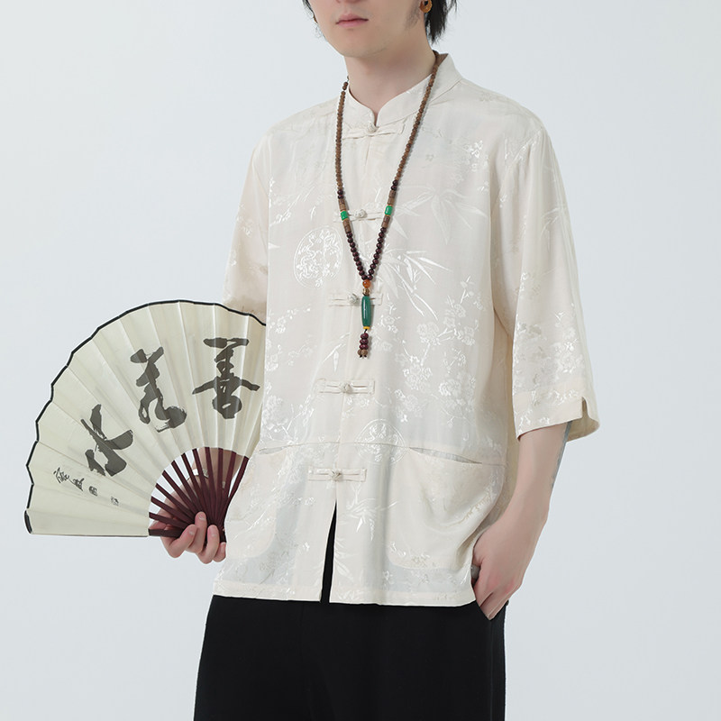 2024夏风男装冰丝唐装汉服短袖五分袖衬衫衬衣C229-Y1022-P70,男装衬衫,电商C229