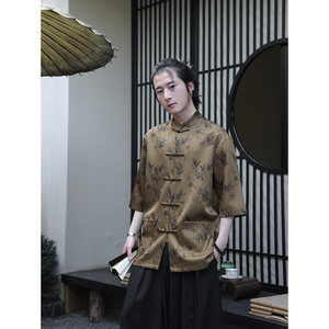 2024夏风男装冰丝竹子印花唐装短袖五分袖衬衫C229-Y1033-P70图片