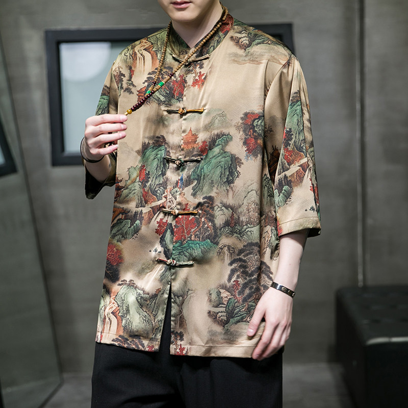 2024夏风男装冰丝唐装汉服短袖五分袖衬衫衬衣C229/Y943/P68,男装衬衫,电商C229