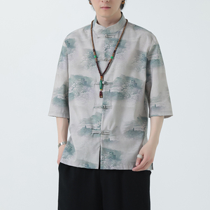 2024夏风男装印花唐装汉服短袖五分袖衬衫衬衣C229-Y1023-P68图片