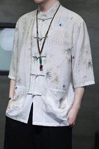 2024夏风男装竹子唐装汉服短袖五分袖衬衫衬衣C229-Y1019-P70图片