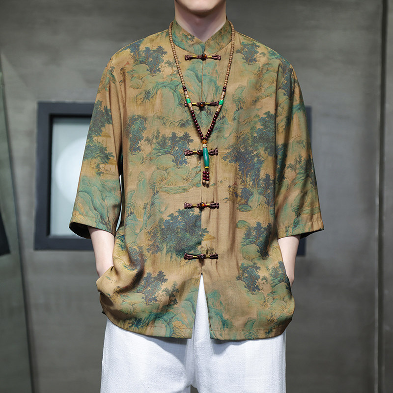 2024春夏风男装冰丝唐装汉服短袖五分袖衬衫C229-Y1005-P68,男装衬衫,电商C229
