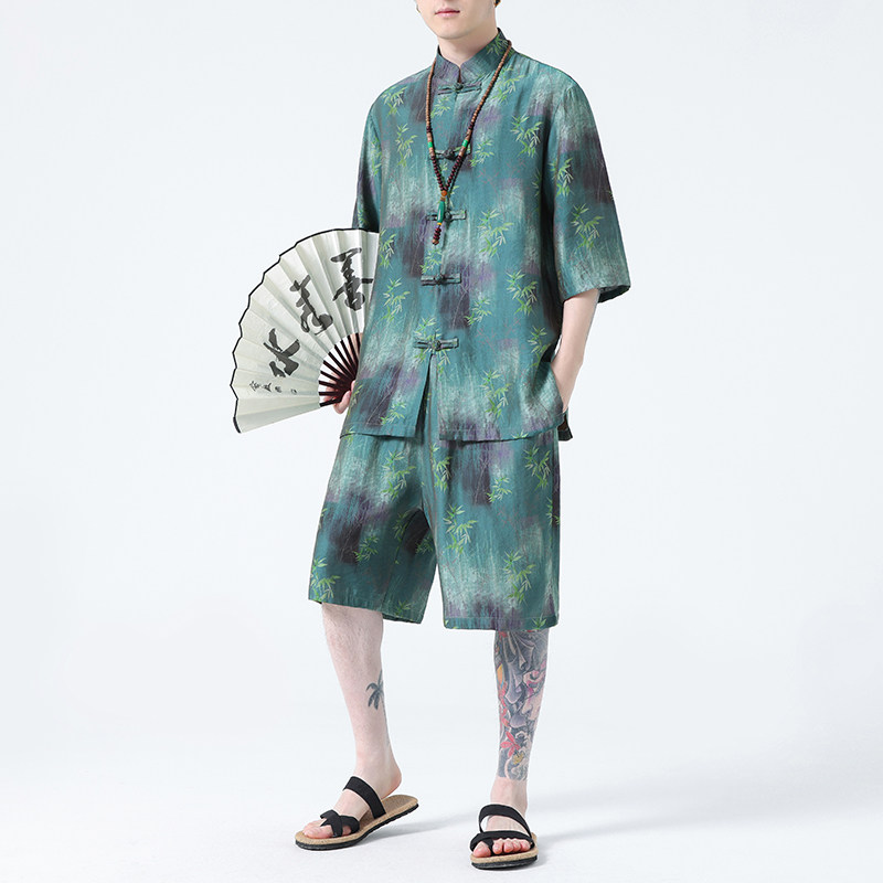 2024夏风男装唐装汉服短袖五分裤套装两件套C229-TZ360-P100，男装休闲套装，电商C229
