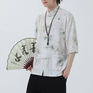 2024夏风男装冰丝印花唐装短袖五分袖衬衫衬衣C229-Y1019-P70图片
