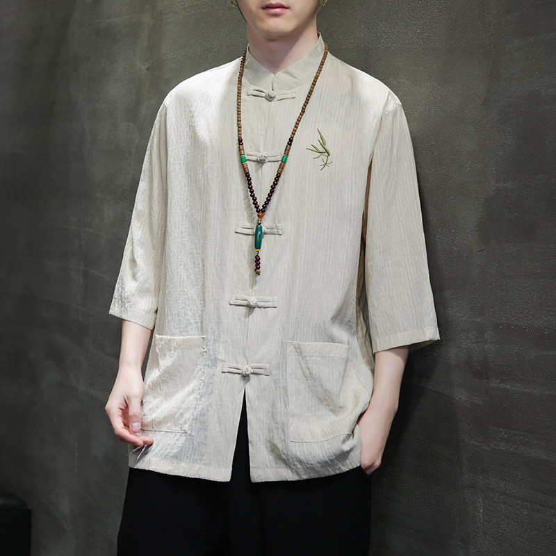 2024夏风男装刺绣唐装汉服短袖五分袖衬衫衬衣C229-Y907-P65,男装衬衫,电商C229