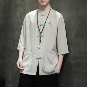 2024夏风男装刺绣唐装汉服短袖五分袖衬衫衬衣C229-Y907-P65图片