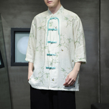 2024夏风男装竹子印花唐装汉服短袖五分袖衬衫C229-Y1002-P65，男装衬衫，电商C229