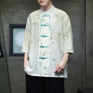 2024夏风男装竹子印花唐装汉服短袖五分袖衬衫C229-Y1002-P65图片