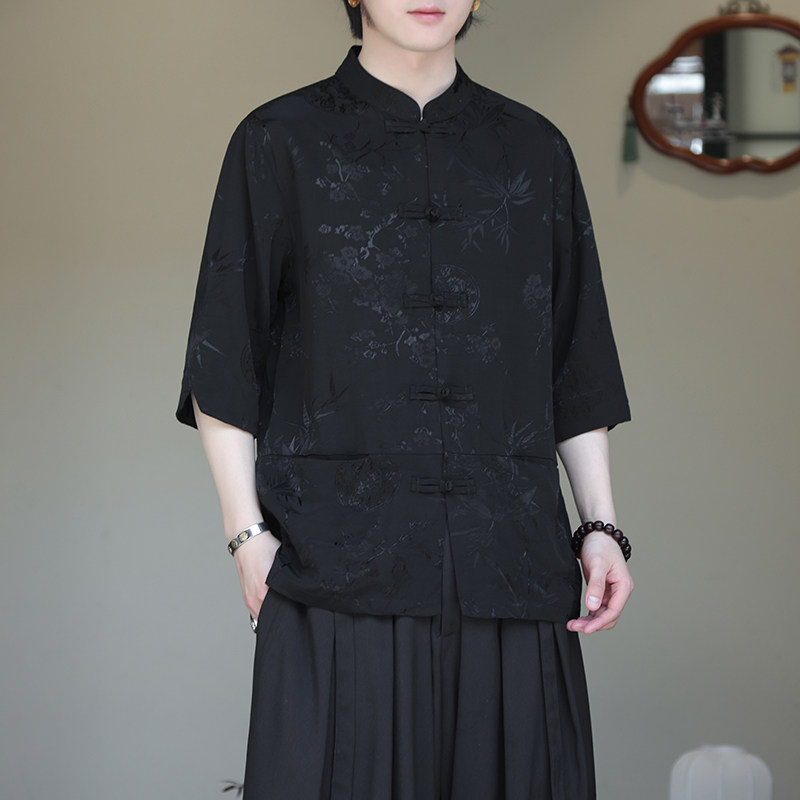 2024夏季风男装冰丝唐装汉服提花短袖衬衫衬衣C229-Y1036-P70,男装衬衫,电商C229