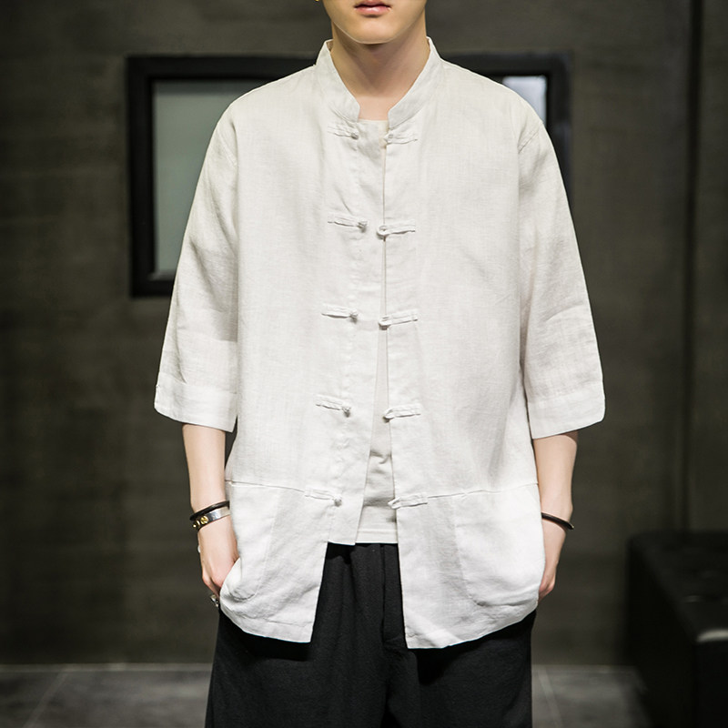 2024夏风男装棉麻亚麻唐装汉服短袖五分袖衬衫C229/Y604/P55图片
