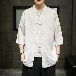 2024夏风男装棉麻亚麻唐装汉服短袖五分袖衬衫C229/Y604/P55图片