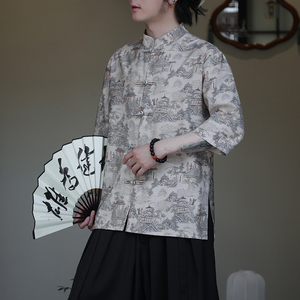 2024夏季风男装印花唐装汉服短袖五分袖衬衫C229-Y1023-P68