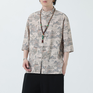2024夏风男装印花唐装汉服短袖五分袖衬衫衬衣C229-Y1023-P68图片