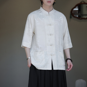 2024夏季风男装冰丝唐装汉服提花短袖衬衫衬衣C229-Y1036-P70图片