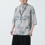 2024夏风男装印花唐装汉服短袖五分袖衬衫衬衣C229-Y1023-P68，男装衬衫，电商C229