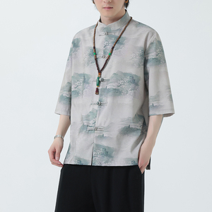 2024夏风男装印花唐装汉服短袖五分袖衬衫衬衣C229-Y1023-P68图片