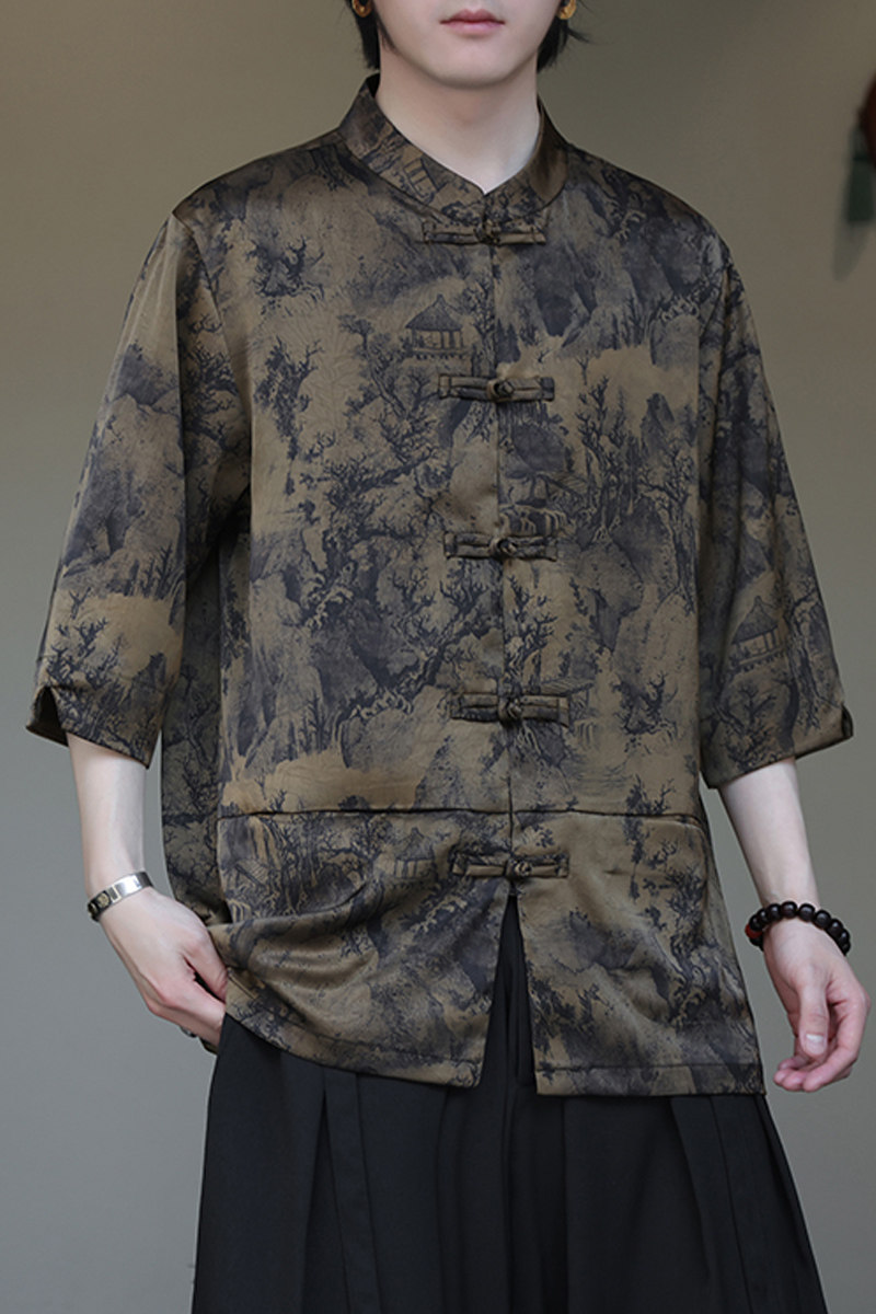 2024夏风男装印花唐装汉服短袖五分袖衬衫衬衣C229-Y1038-P70,男装衬衫,电商C229