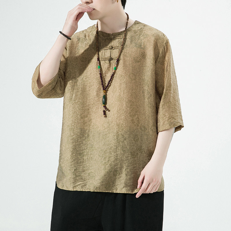 2024春夏风男装棉麻唐装汉服白底五分袖短袖T恤C229/T201/P65,男装T恤,电商C229