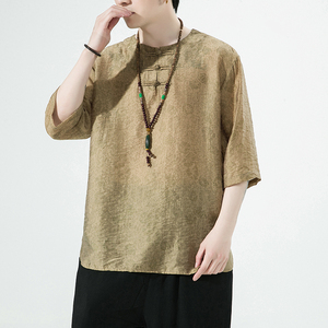 2024春夏风男装棉麻唐装汉服白底五分袖短袖T恤C229/T201/P65图片