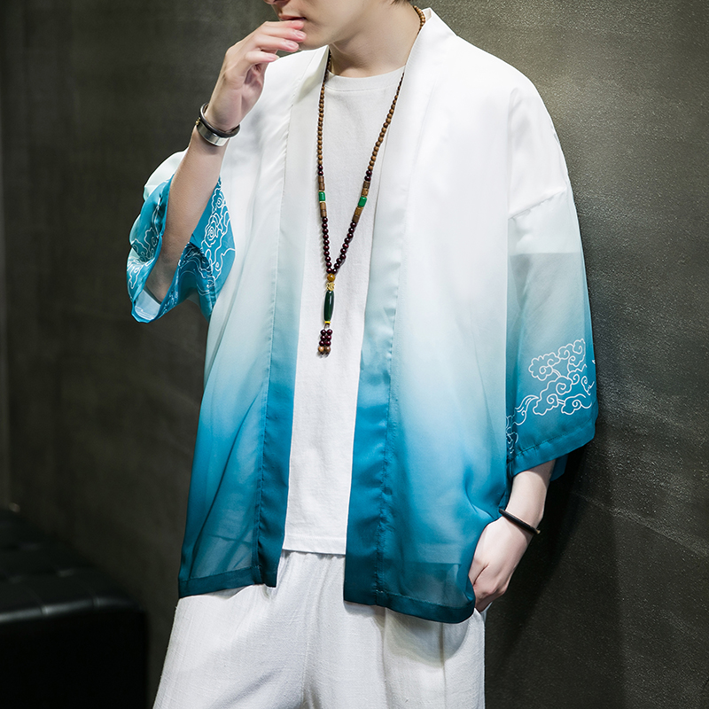 2023风男装冰丝渐变唐装汉服五分袖防晒衣风衣C229/Y609/P40，男装民族服装，电商C229