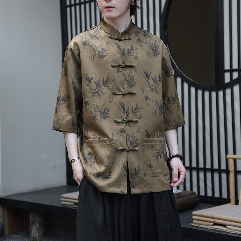 2024夏风男装冰丝竹子印花唐装短袖五分袖衬衫C229-Y1033-P70,男装衬衫,电商C229
