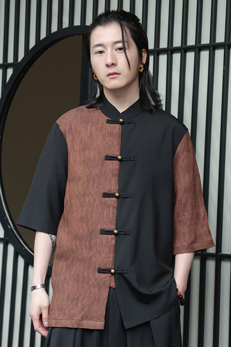 2024夏季新款风男装拼接唐装汉服短袖衬衫衬衣C229-Y904-P65,男装衬衫,电商C229