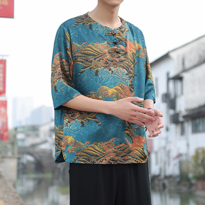 2024夏季风男装冰丝印花唐装汉服短袖五分袖T恤C229/T197/P55图片