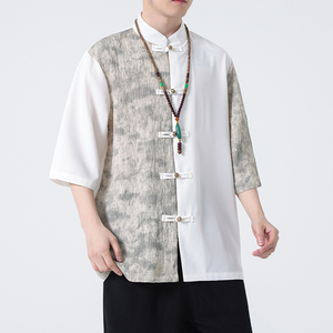 2024春夏新款风男装撞色拼接唐装汉服短袖衬衫C229-Y904-P65图片