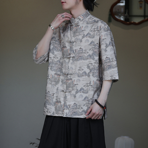 2024夏季风男装印花唐装汉服短袖五分袖衬衫C229-Y1023-P68