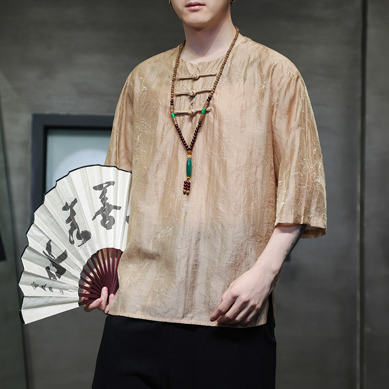 2024春夏风男装中式冰丝唐装汉服短袖五分袖T恤C229-T210-P60,男装T恤,电商C229