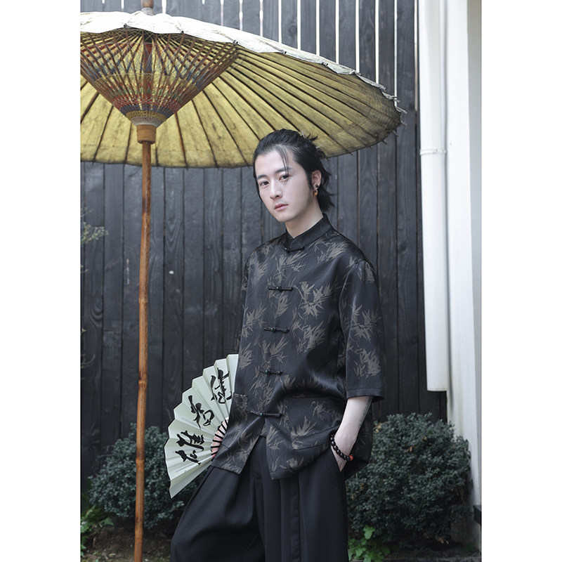 2024夏风男装冰丝竹子印花唐装短袖五分袖衬衫C229-Y1033-P70,男装衬衫,电商C229