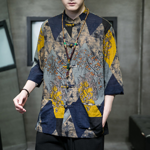风男装棉亚麻印花唐装汉服短袖五分袖衬衫衬衣C229/Y728/P65图片