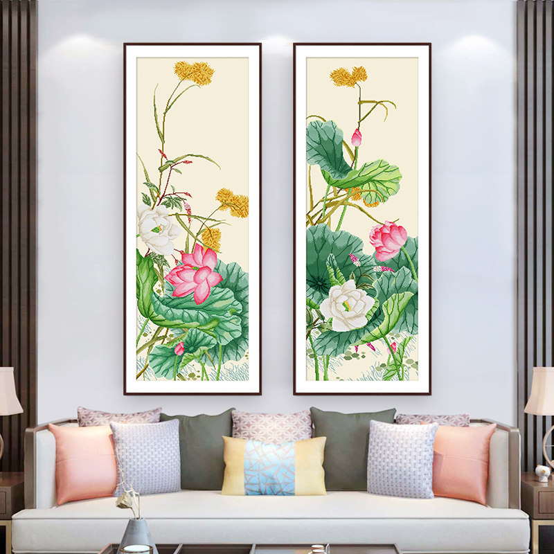 十字绣客厅2026新款古典荷花花卉玄关中式画作并蒂芙蓉手工自己绣