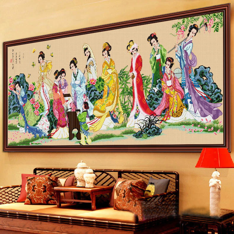 春天十字绣古风客厅十二金钗线绣