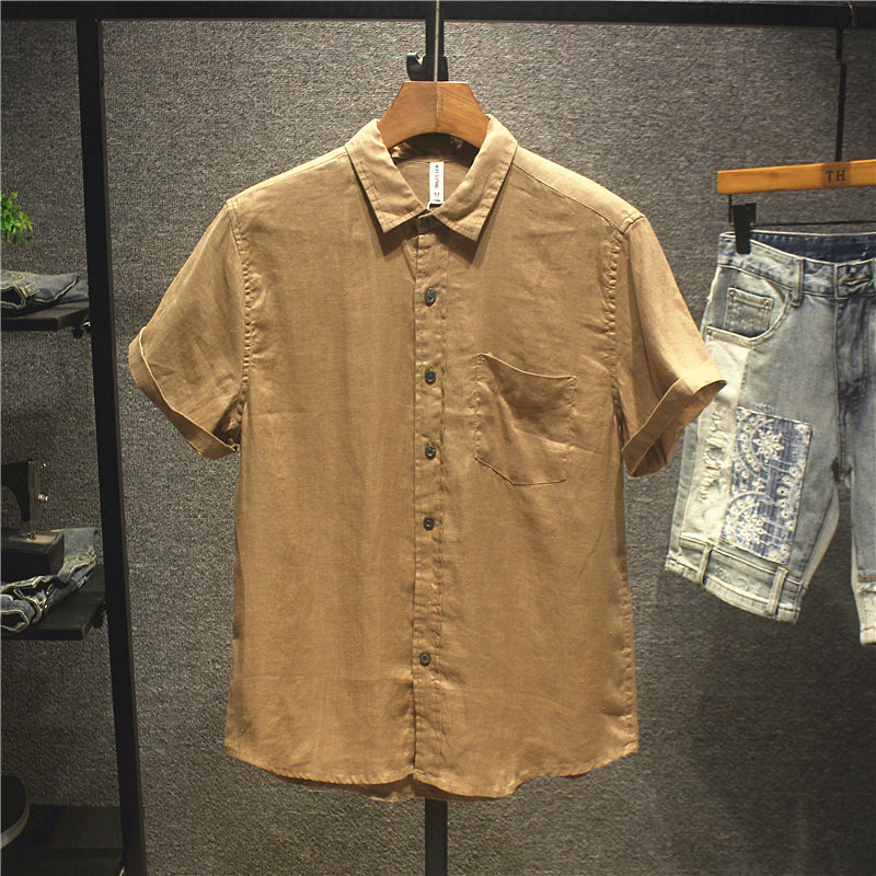 尖领短袖潮纯色衬衫男