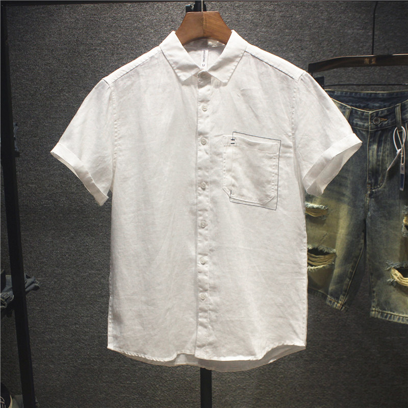尖领短袖日系纯色衬衫男