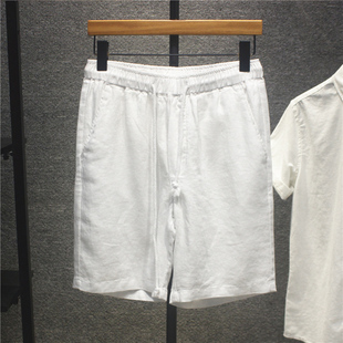 夏季亚麻料休闲短裤男士系带全麻布薄款透气沙滩裤纯麻五分中裤子