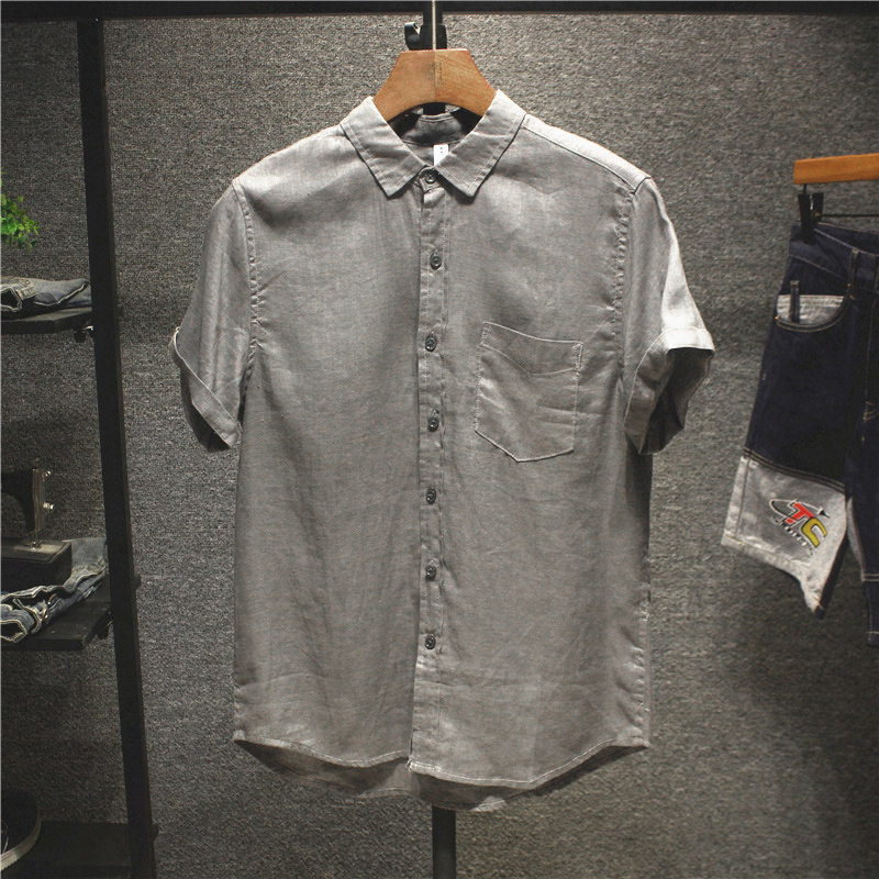 尖领短袖潮纯色衬衫男