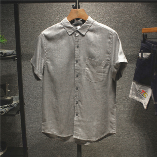 浅灰色纯亚麻男士短袖衬衫麻布男装夏天简约潮流休闲全麻料衬衣服