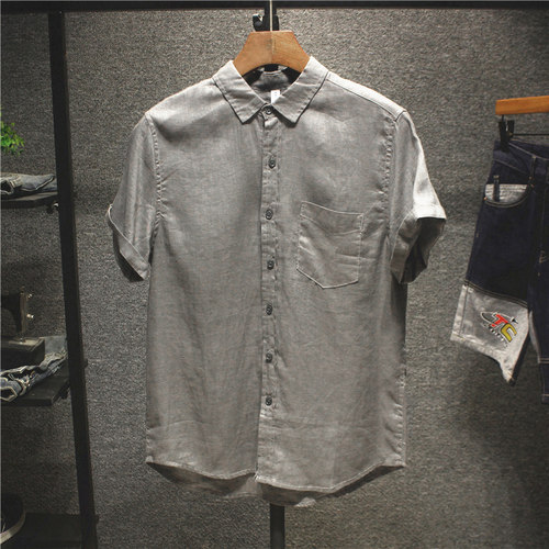 尖领短袖潮纯色衬衫男