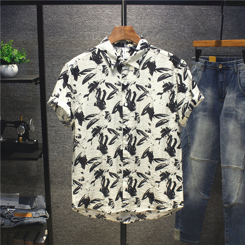 夏季宽松个性满印短袖衬衫男