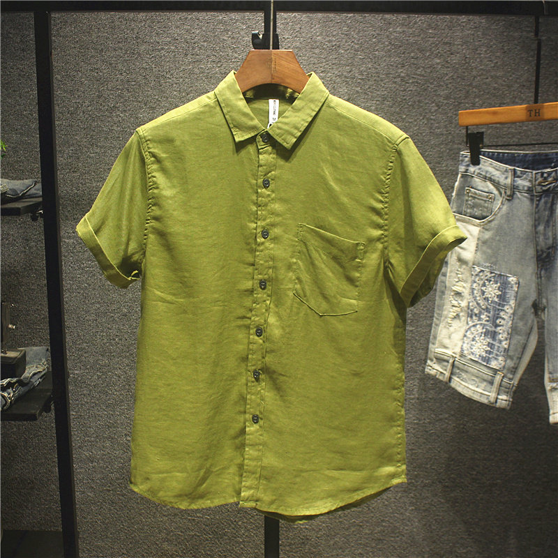 尖领短袖潮纯色衬衫男
