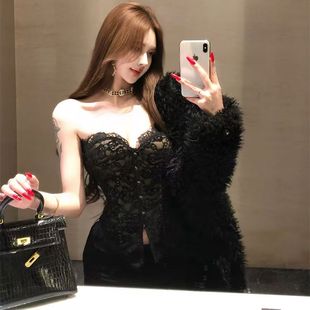 纯欲外穿蕾丝花边拼接自带胸垫女鱼骨抹胸衣吊带背心文胸上衣内搭