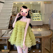 绝美超仙海边度假网纱氛围感吊带女小个子蓬蓬蛋糕连衣小短裙子夏