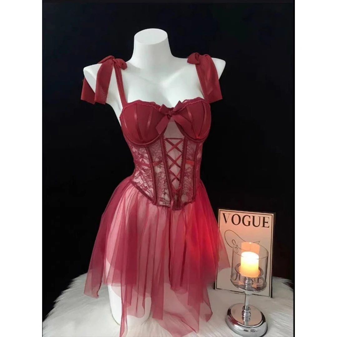 性感宫廷带胸垫蕾丝吊带鱼骨胸衣睡裙女塑身聚拢文胸外穿马甲套装