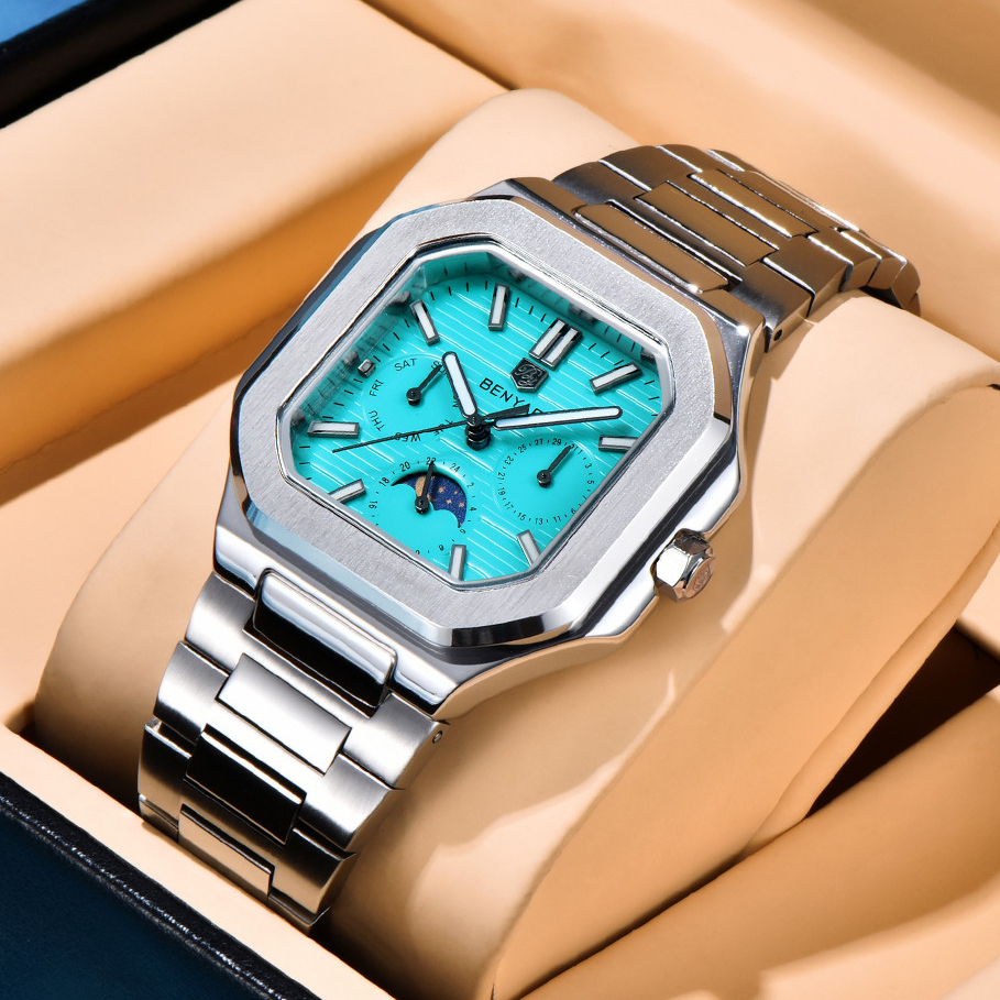 BENYAR宾雅新款男士石英手表星期显示月相不锈钢夜光防水手表5221
